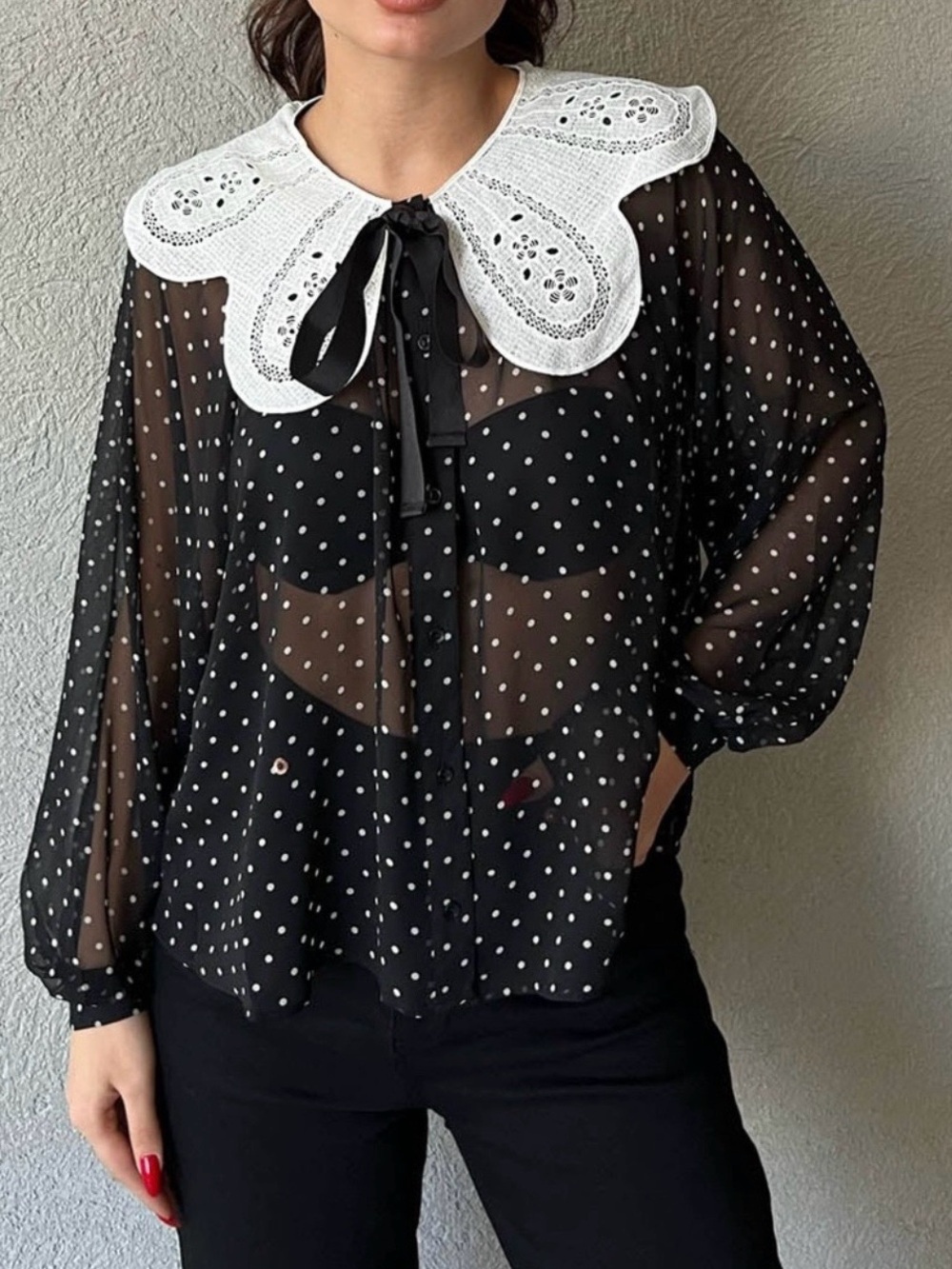 Zara Black Polka Dot Sheer Blouse with Oversized Lace Collar – L